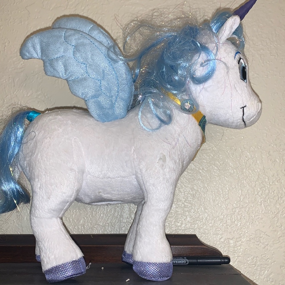 Disney white  unicorn pony plush with blue hair